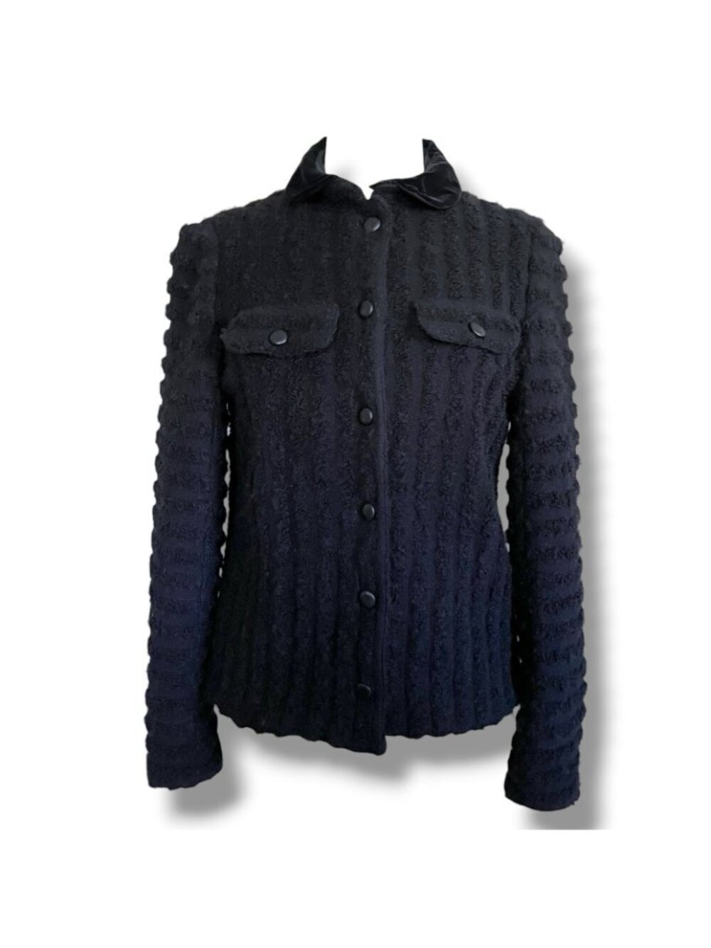 Vintage 1970s Courreges Paris Jacket Size C US Medium Large Black Boucle Wool - Picture 2 of 13